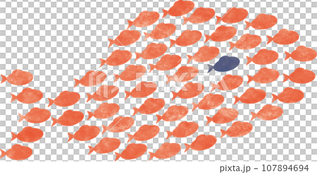 小さな魚がたくさん集まって大きな魚に見えるイラスト、群れ、大群 107894694