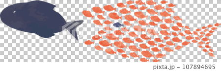 Illustration of many small fish gathering to chase a big fish 107894695