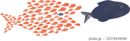 小さな魚がたくさん集まって大きな魚を追いかけるイラスト 107894696