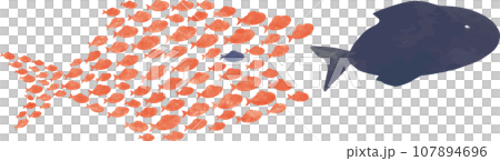 Illustration of many small fish gathering to chase a big fish 107894696