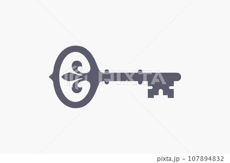 Antique key. Ornate gray silhouette. Vector illustration isolated on white background. 107894832