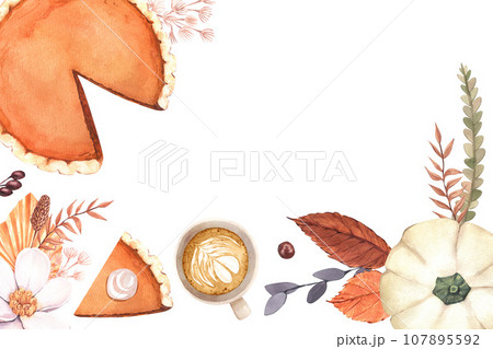 Watercolor baked turkey, autumn leaves, pumpkin pie, corn and apples. Thanksgiving Day dinner concept. Hand-drawn illustration isolated on white background. Perfect for menu, cooking, packing, card 107895592
