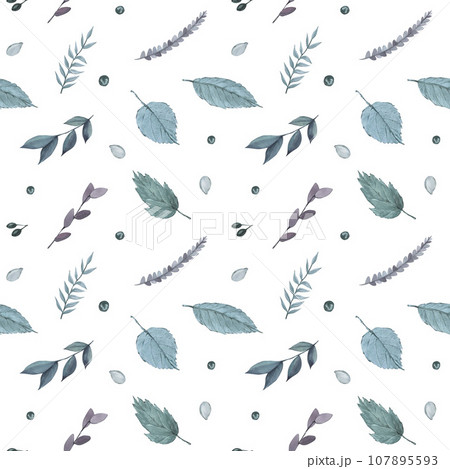 Watercolor pattern blue autumn leaves. Hand-drawn illustration isolated on white background. Concept for fabric print, label, banner, menu, flyer, brochure template 107895593
