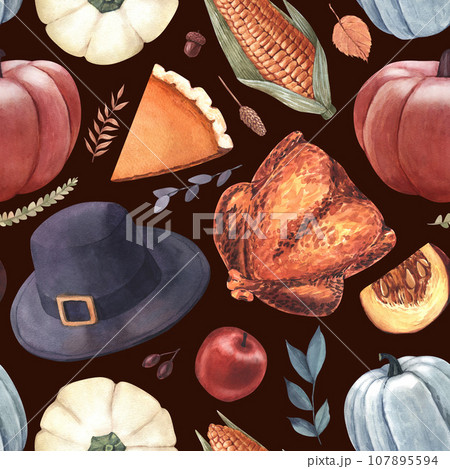 Watercolor pattern pumpkins, turkey, pumpkin pie, autumn leaves, apple and Thanksgiving Day objects. Hand-drawn illustration isolated on blue background. Perfect for menu, card, frame 107895594