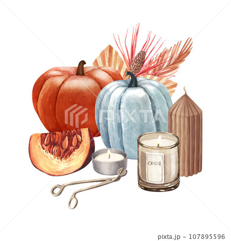 Watercolor candles and pumpkins, autumn decor. Hand-drawn illustration isolated on white background, cozy home and hygge concept. Perfect for menu, cooking, packing, card 107895596