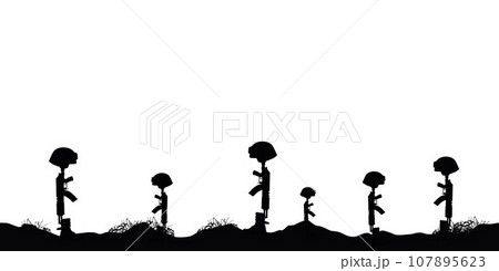 Helmet Gun and Rifle in Combat Boots silhouette, fallen soldier symbol silhouette on the performance of the combat mission 107895623