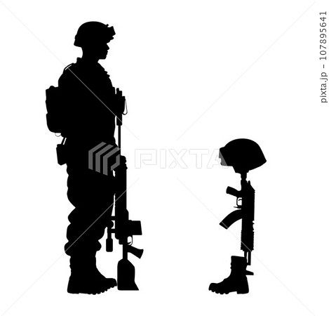Sad soldiers troop silhouette, Army soldier in sorrow for fallen comrade, standing on knee, leaning on rifle, look at Helmet Gun and Rifle in Combat Boots 107895641