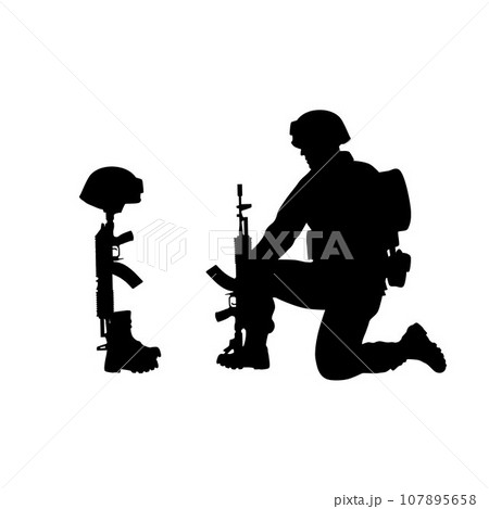 Army soldier in sorrow for fallen comrade, standing on knee, leaning on rifle, look at Helmet Gun and Rifle in Combat Boots 107895658