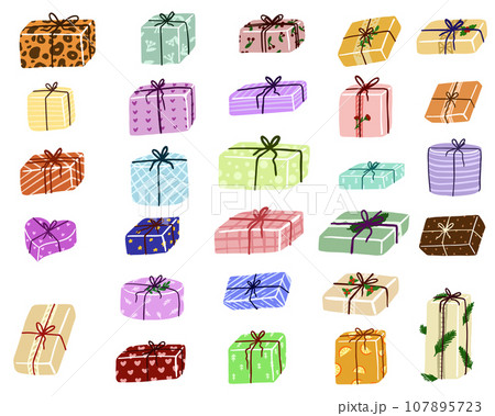 Gift box cartoon set icon. Christmas gifts, New Year presents. Holiday presents wrapped in festive paper wrapping, decorated with ribbon bows, strings and twines. Gift box cartoon set icon. Christmas gifts, New Year presents. Holiday presents wrapped in festive paper wrapping, decorated with ribbon bows, strings and twines. 107895723