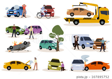 Car accidents set. Crash, collision at road traffic. Car damaged vehicle transportation. Drivers, pedestrians and broken auto, damaged transport, injured people after crush. Car accidents set. Crash, collision at road traffic. Car damaged vehicle transportation. Drivers, pedestrians and broken auto, damaged transport, injured people after crush. 107895752