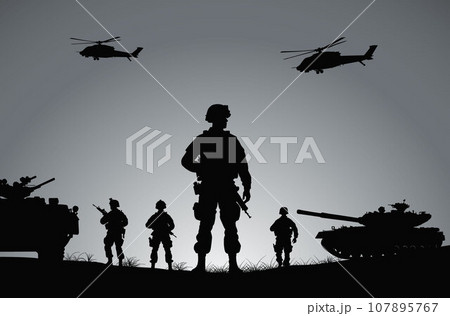 Soldiers on the performance of the combat mission, silhouette of soldiers are fighting in the battlefield vector illustration Soldiers on the performance of the combat mission, silhouette of soldiers are fighting in the battlefield vector illustration 107895767