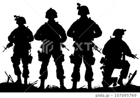 Soldiers on the performance of the combat mission, silhouette of soldiers are fighting in the battlefield vector illustration Soldiers on the performance of the combat mission, silhouette of soldiers are fighting in the battlefield vector illustration 107895769