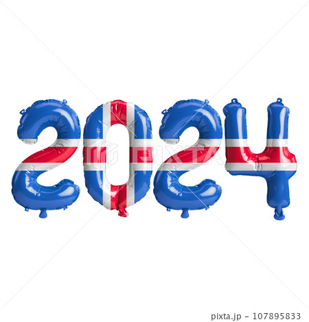 3d illustration of letter about new year 2024 with balloons on color Iceland flag 107895833
