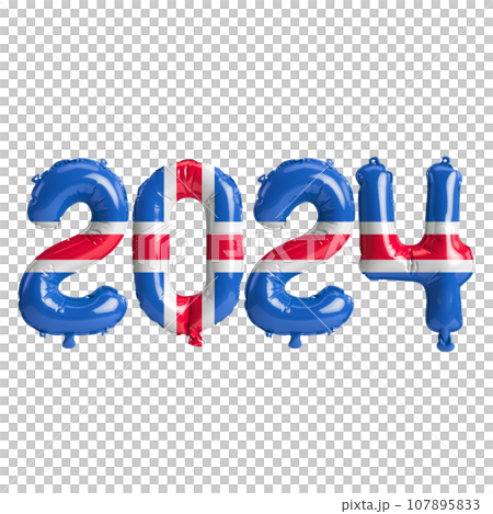 3d illustration of letter about new year 2024 with balloons on color Iceland flag 107895833