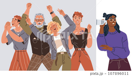 Happy people concept. Vector illustration Men and women happy at carnival laugh and play People on event or ceremony show unity and togetherness Happiness emotions are felt deeply at heartfelt Happy people concept. Vector illustration Men and women happy at carnival laugh and play People on event or ceremony show unity and togetherness Happiness emotions are felt deeply at heartfelt 107896011
