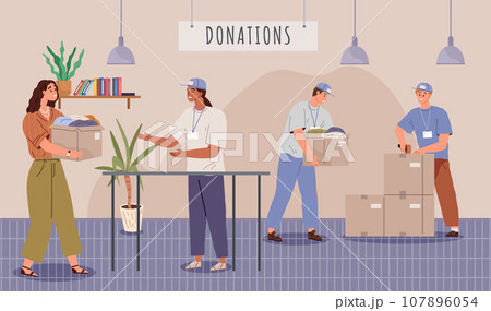 Clothes donation. Vector illustration. Unused clothing can be put to good use through donation The donation box represents collective efforts to assist others Charitable organizations Clothes donation. Vector illustration. Unused clothing can be put to good use through donation The donation box represents collective efforts to assist others Charitable organizations 107896054