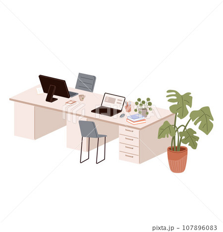 Design of modern empty office working place front view desk, chair, computer, plants in pot. Coworking space interior. Workplace of employees, open office. Work table with monitor isolated on white 107896083