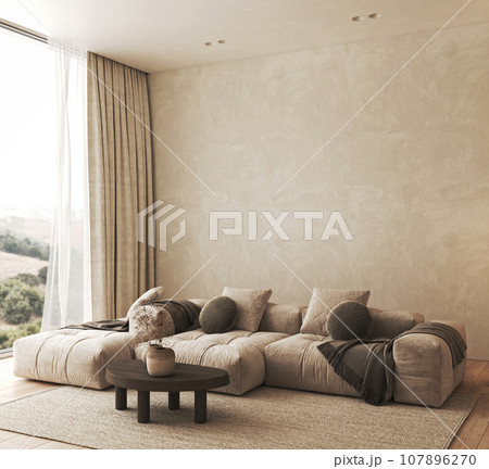 Scandinavian livingroom with window and sofa background. Light modern farmhouse nature interior. 3d rendering. High quality 3d illustration Scandinavian livingroom with window and sofa background. Light modern farmhouse nature interior. 3d rendering. High quality 3d illustration 107896270