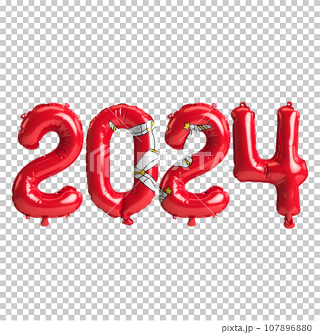 3d illustration of letter about new year 2024 with balloons on color Isle of Mann flag 107896880