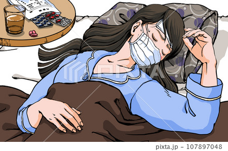 風邪をひいて寝込むパジャマ姿の若い女性_マスクver 風邪をひいて寝込むパジャマ姿の若い女性_マスクver 107897048