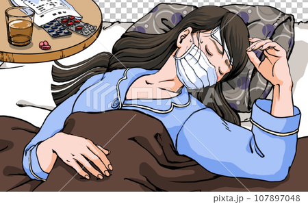 風邪をひいて寝込むパジャマ姿の若い女性_マスクver 風邪をひいて寝込むパジャマ姿の若い女性_マスクver 107897048