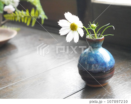 花瓶に飾られたコスモス 107897210