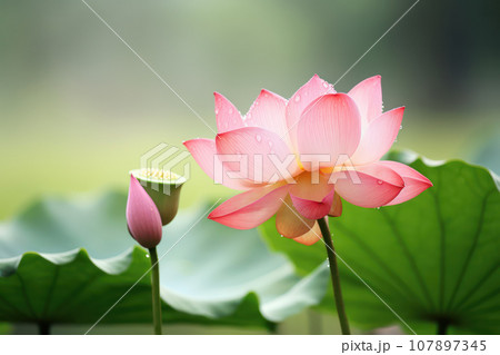 Pink Lotus Blossom in a Blurry Background, Soft Floral Elegance Pink Lotus Blossom in a Blurry Background, Soft Floral Elegance 107897345