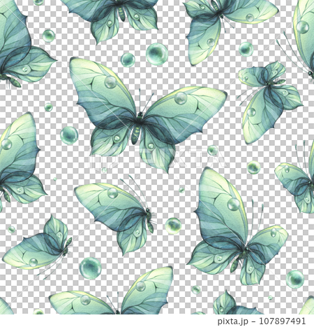 Delicate turquoise and blue butterflies with bubbles are airy, light, beautiful. Hand drawn watercolor illustration. Seamless pattern on a white background for fabric, textiles, wallpaper, packaging 107897491
