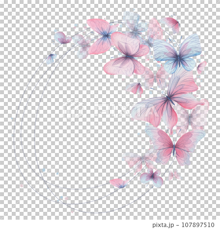 Butterflies are pink, blue, lilac, flying, delicate with wings and splashes of paint. Hand drawn watercolor illustration. Oval wreath, frame, template on a white background, for design. Butterflies are pink, blue, lilac, flying, delicate with wings and splashes of paint. Hand drawn watercolor illustration. Oval wreath, frame, template on a white background, for design. 107897510