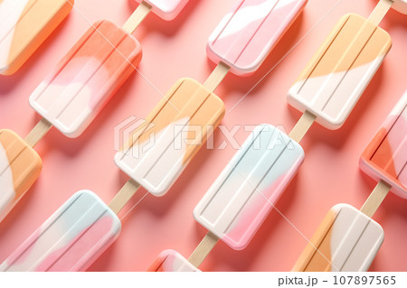 Colorful Ice Cream Sticks on Pastel Background - Sweet Summertime Treats,Created with Generative AI technology. Colorful Ice Cream Sticks on Pastel Background - Sweet Summertime Treats,Created with Generative AI technology. 107897565