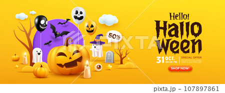 Happy Halloween sale, orange pumpkin smile banner design on yellow background 107897861