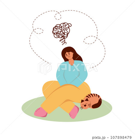 Depression. Sad girl with bad thoughts in her head. Flat illustration Depression. Sad girl with bad thoughts in her head. Flat illustration 107898479