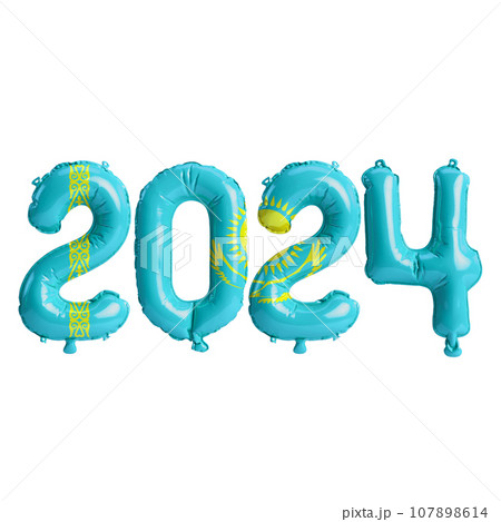 3d illustration of letter about new year 2024 with balloons on color Kazakhstan flag 107898614