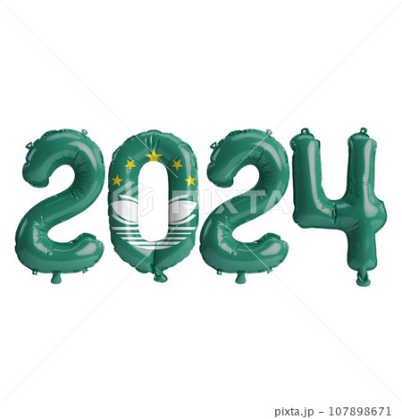 3d illustration of letter about new year 2024 with balloons on color Macau flag 107898671
