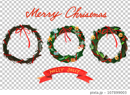Christmas wreath, red ribbon, hand drawn, HOLLY JOLLY illustration English letters 107899003