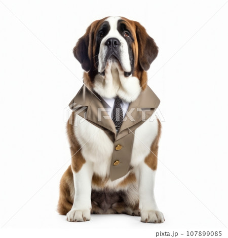 St. Bernard dog in a tailored suit for walking outdoors on a white background 107899085