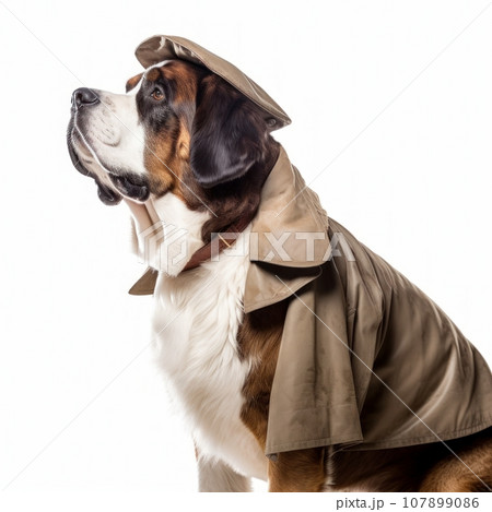 St. Bernard dog in a tailored suit for walking outdoors on a white background St. Bernard dog in a tailored suit for walking outdoors on a white background 107899086