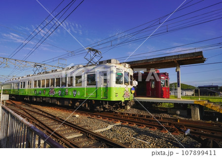 ホームに停車する電車　どうぶつ電車とうめぼし電車　和歌山電鐵 107899411