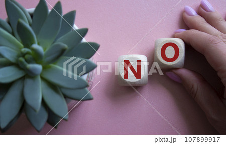 No symbol. Concept words No on wooden blocks. Businessman hand. Beautiful pink background with succulent plant. Business and No concept. Copy space. No symbol. Concept words No on wooden blocks. Businessman hand. Beautiful pink background with succulent plant. Business and No concept. Copy space. 107899917