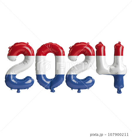 3d illustration of letter about new year 2024 with balloons on color Netherlands flag 107900211