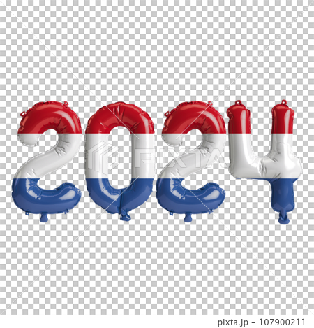 3d illustration of letter about new year 2024 with balloons on color Netherlands flag 107900211