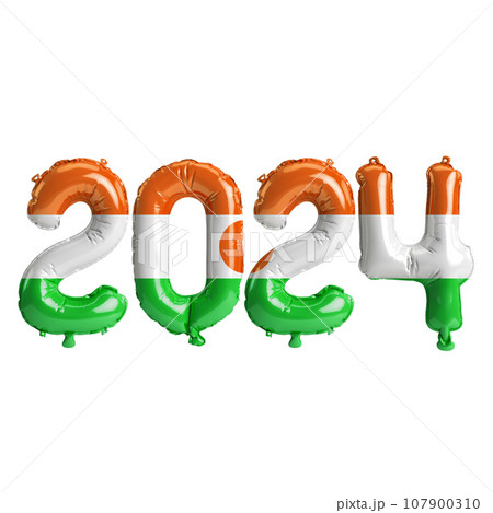 3d illustration of letter about new year 2024 with balloons on color Niger flag 107900310
