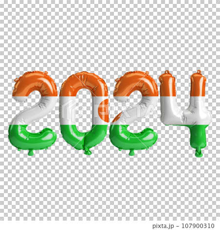 3d illustration of letter about new year 2024 with balloons on color Niger flag 107900310