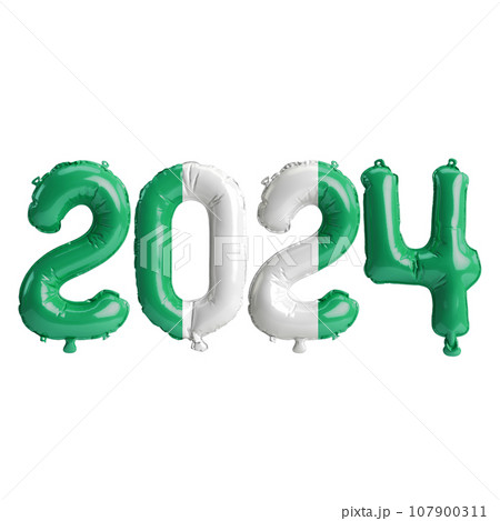3d illustration of letter about new year 2024 with balloons on color Nigeria flag 107900311