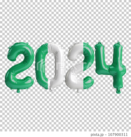 3d illustration of letter about new year 2024 with balloons on color Nigeria flag 107900311