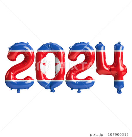 3d illustration of letter about new year 2024 with balloons on color North Korea flag 107900313