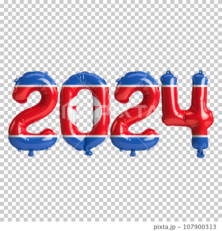 3d illustration of letter about new year 2024 with balloons on color North Korea flag 107900313