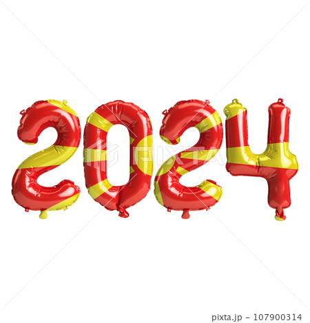 3d illustration of letter about new year 2024 with balloons on color North Macedonia flag 107900314