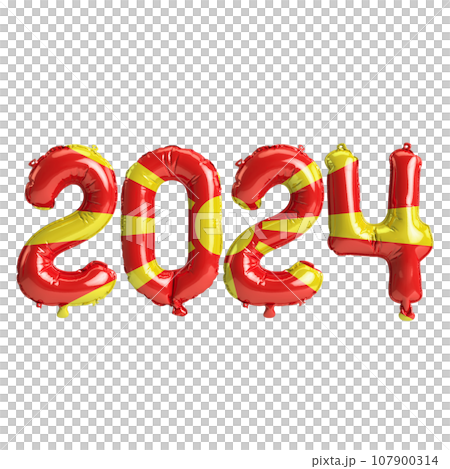 3d illustration of letter about new year 2024 with balloons on color North Macedonia flag 107900314
