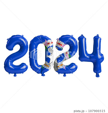 3d illustration of letter about new year 2024 with balloons on color Northern Mariana Islands flag 107900315